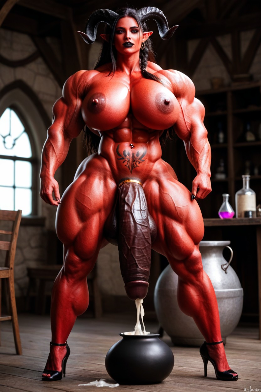 Big Black Horns, Four Arms, Showing Flexibility Shemale AI Porn