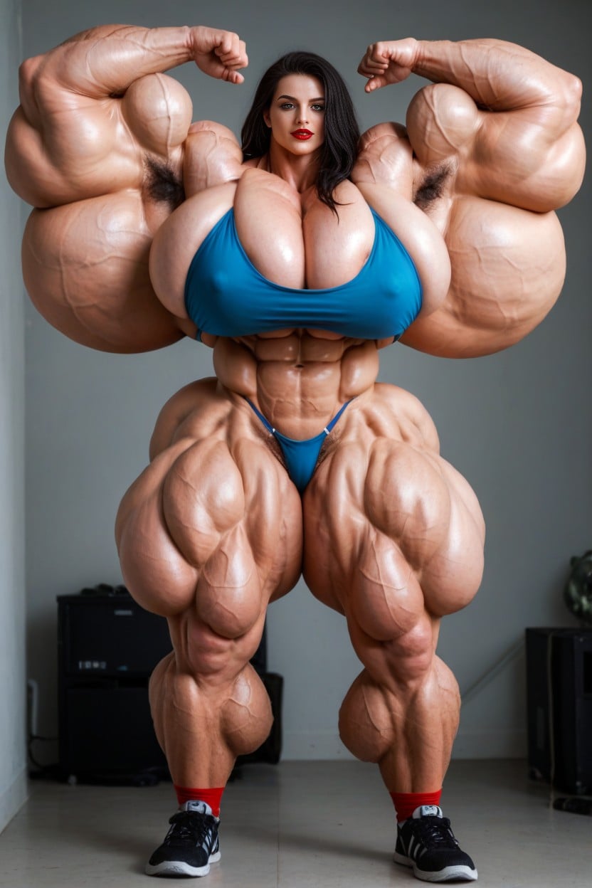 Hyper Huge Thighs, Hyper Gigantic Muscles, Arms Spread AI Porn
