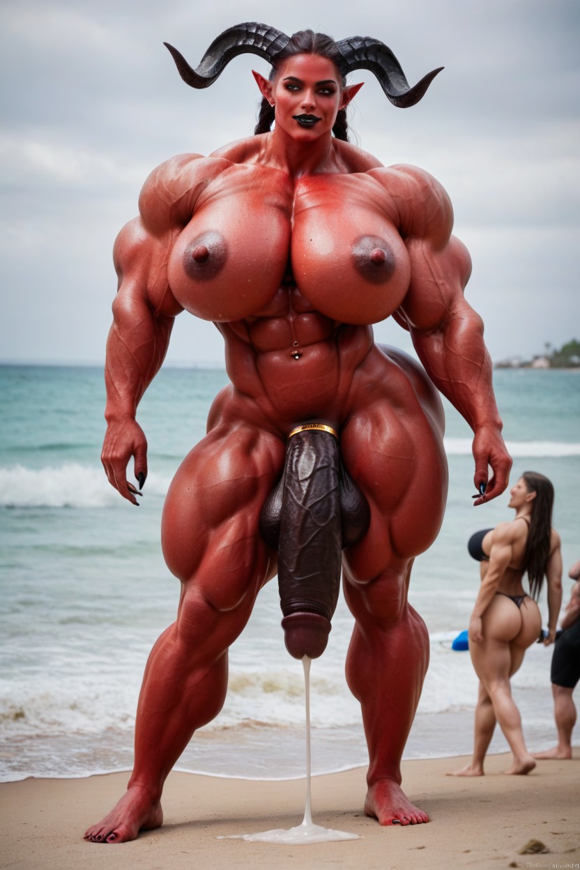 Toned Muscles, Futanari Penis Dripping Hyper Cum, Black Cock Swollen To The Floor Shemale AI Porn