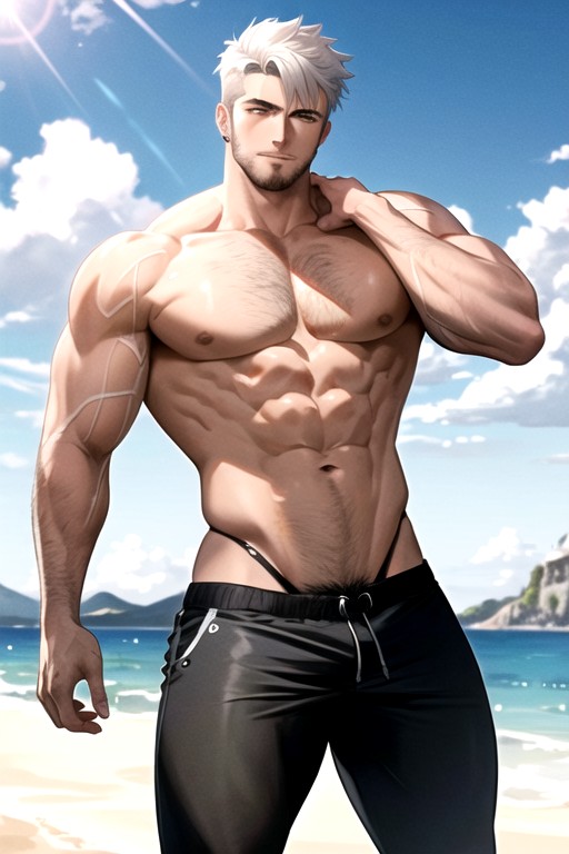 Muscular, White Hair, No Shirt AI Gay Porn