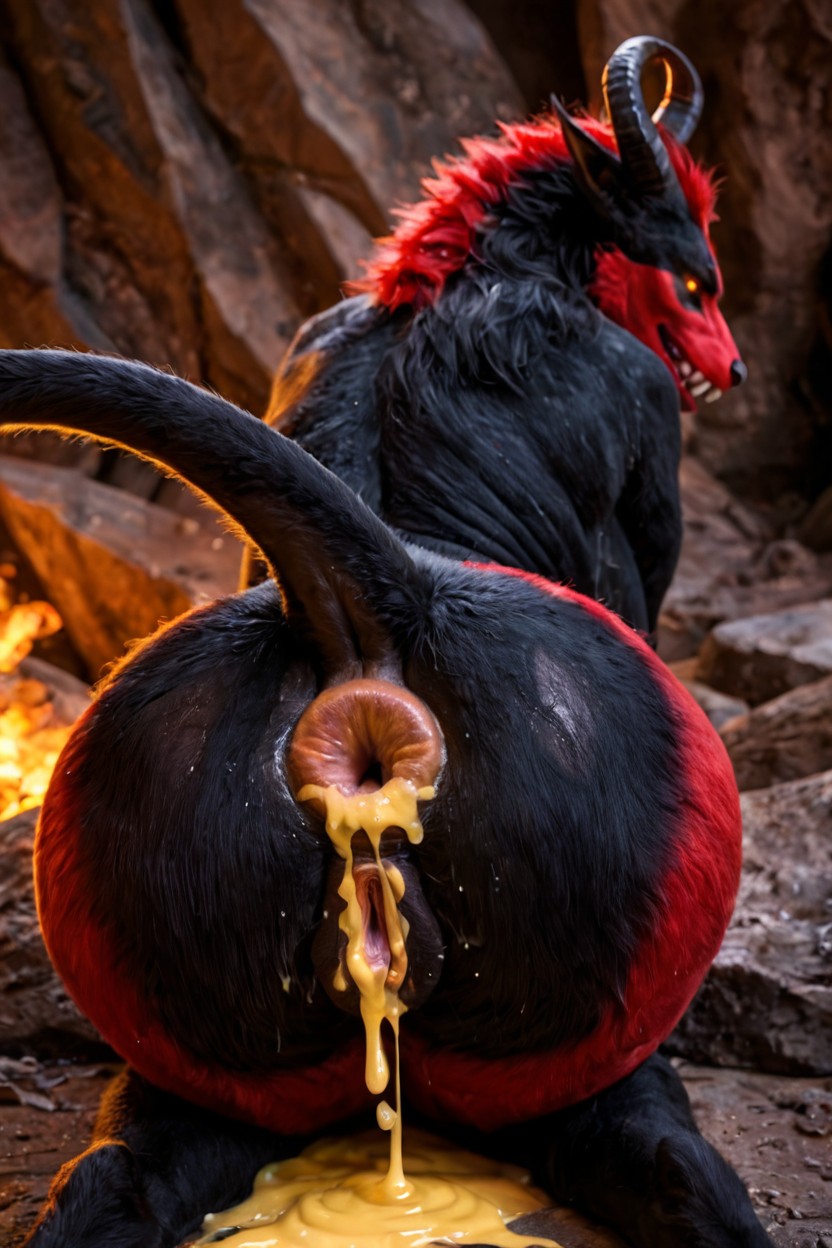 Black Furry Evil In Dark Glowing Dim Lit Cave With Shadows, Extremely Sweaty, Loose Anus AI Porn