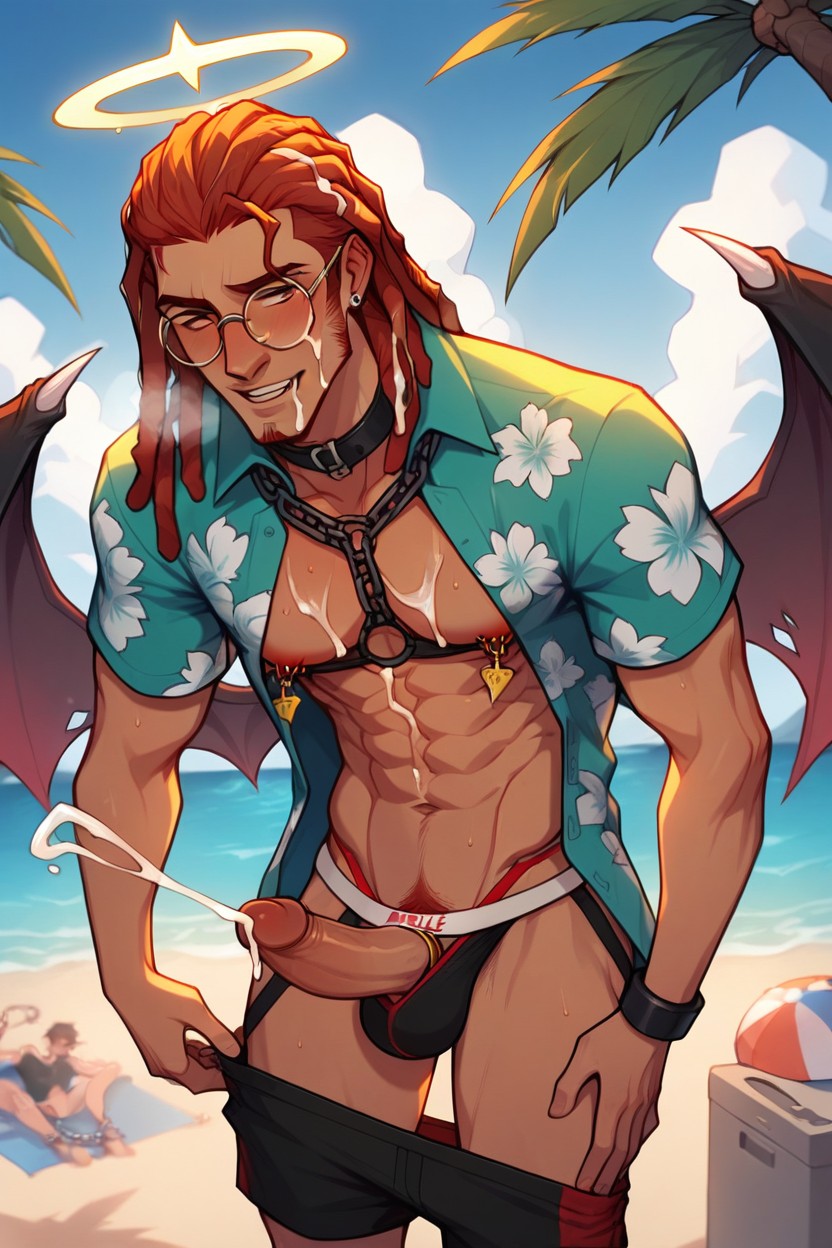 Harness Under Shirt, Cum On Chest, Red Hair ゲイAIポルノ