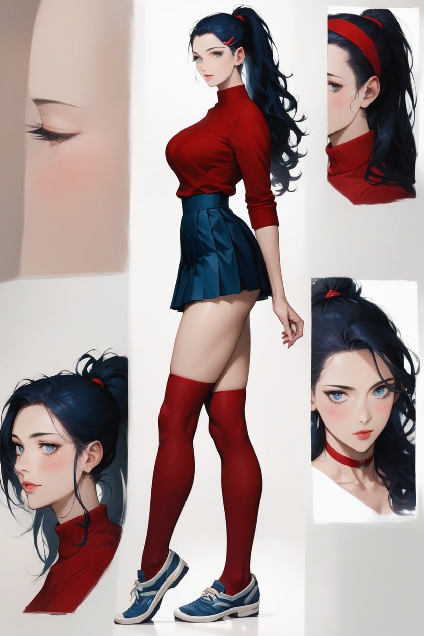 Thick Thighs, Bangs, Red Choker Hentai AI Porn