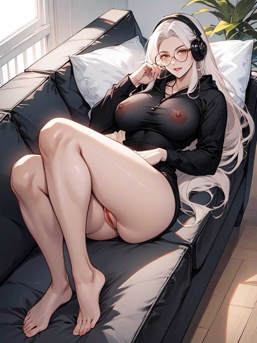 Enchanting Cleavage, Woman Relaxing On The Sofa, Woman Wearing Framed Round Glasses Hentai AI Porn