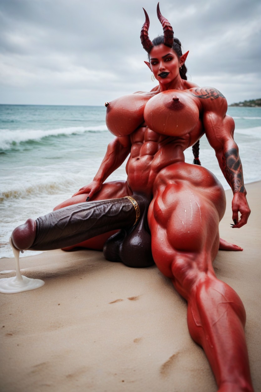 Full Body, Side View, Hyper Black Cock Growth Shemale AI Porn