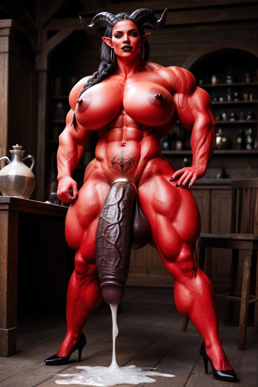 Red Skin, Elf Ears, Exaggerated Massive Black Cock Shemale AI Porn