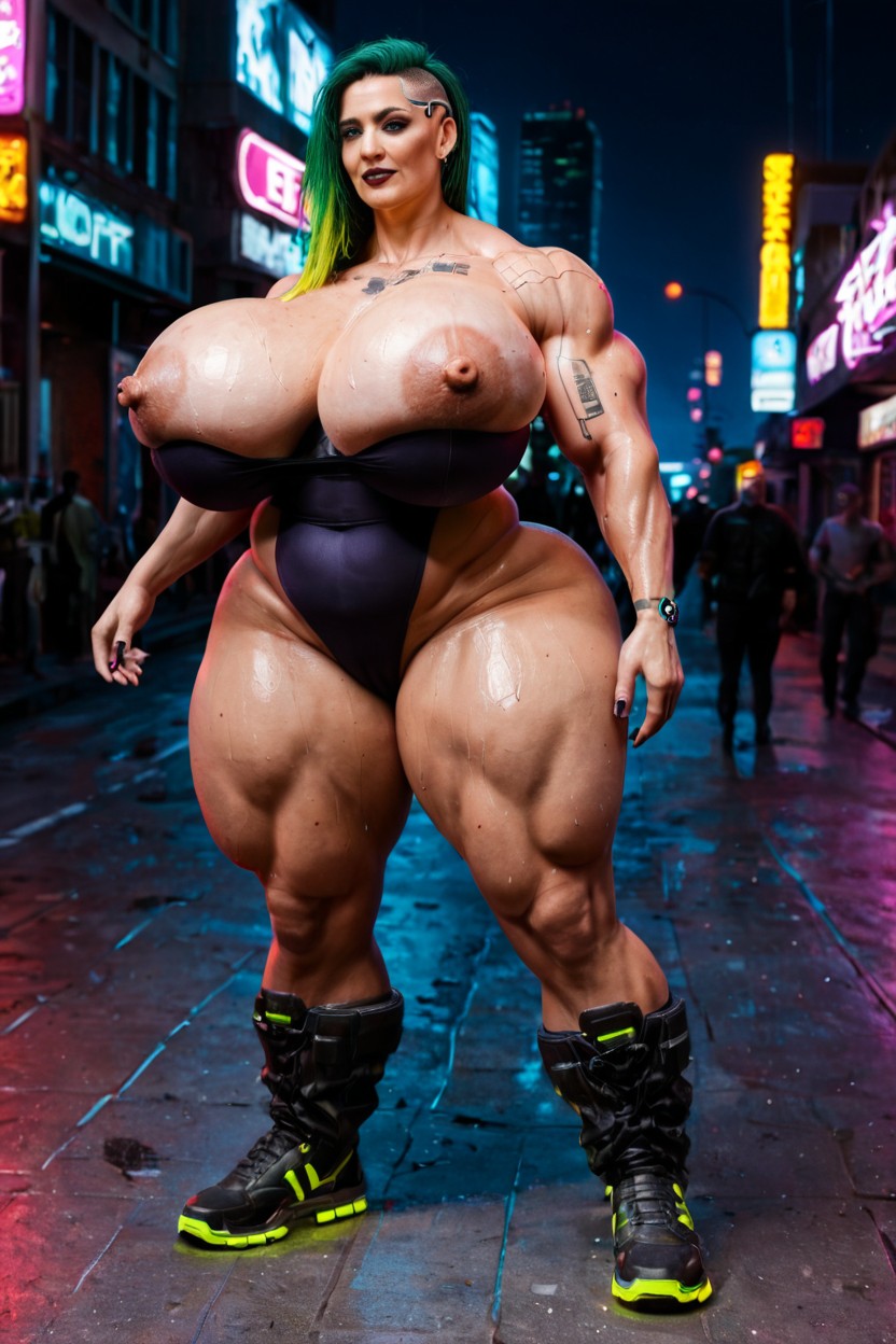 Cyber Face Implants, Hypertrophied Huge Shoulder Muscles, Full Body MILF AI Porn