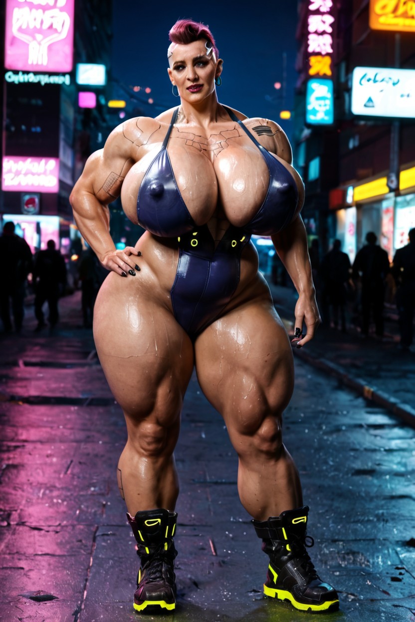 Cyberpunk Arm Implants, Cyberpunk Weapons In Hands, Hypertrophied Huge Thigh Muscles MILF AI Porn