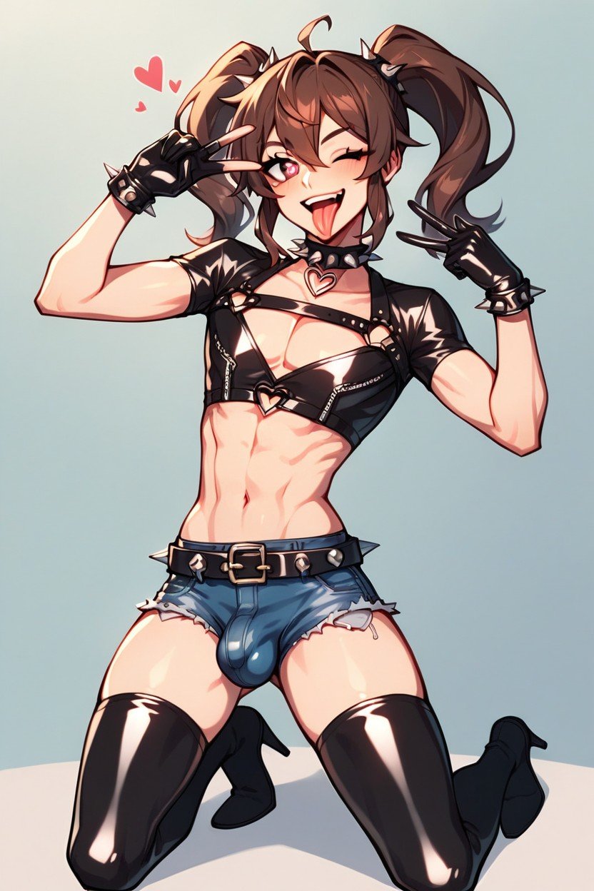 Spiked Belt, Denim Booty Shorts, Spiked Cuffs On Wrists And Ankles人妖AI色情