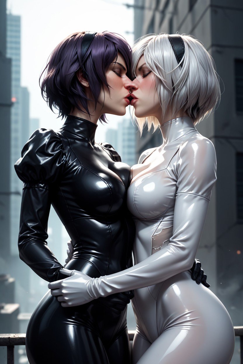 Motoko Kusanagi From Ghost In The Shell, Latex Bodysuit, Lesbian Kissing쉬메일 AI 포르노