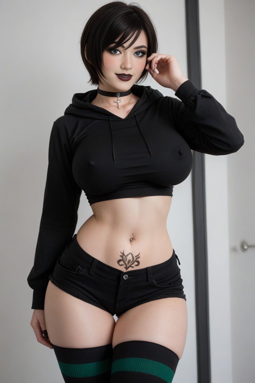 Black Crop Top, Stunningly Gorgeous Round Face, Glossy Black Goth Hair Shemale AI Porn