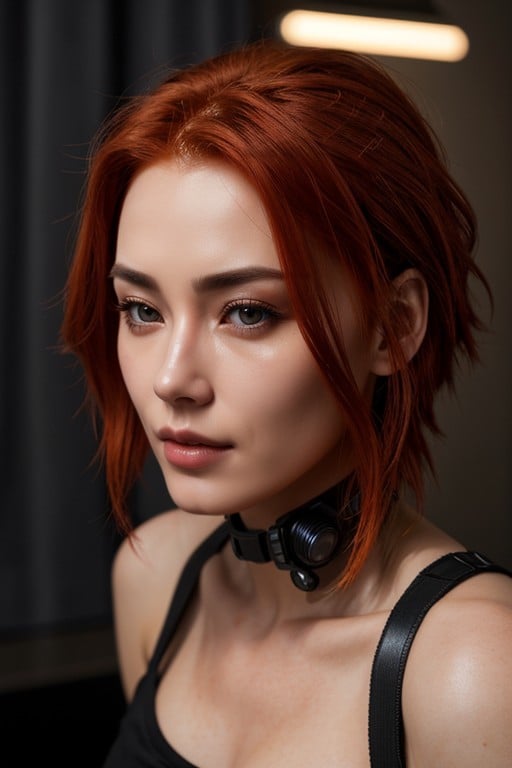 Red Hair, Mox Cyberpunk Style Hairstyle Position That Is Giving A Blowjob And Looking At The Camera And Must Be More Like The Model Kiddy Akita LouPorno IA transsexuelle