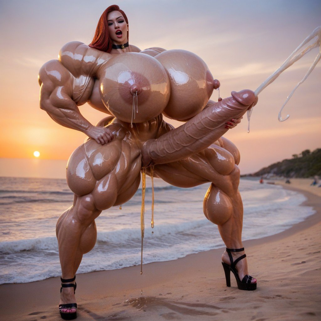 Oiled Skin, Jessica Rabbit Grips Her Ultra Mega Excessive Length Hyper Cock, Hyper Busty Heavy Mega Tits Travesti IA Pornô