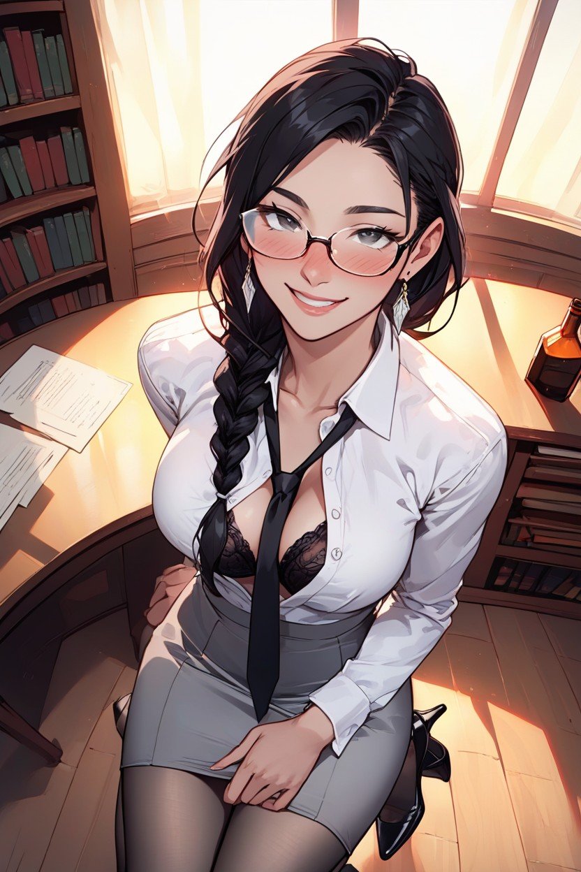 Librarian, Black Bra, Black Side Tie Panty헨타이 AI 포르노