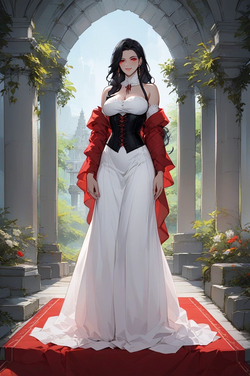 And Over The Skirt She Wears A Fluffy Not Long Skirt, A Corset A Neat Strip Of Pubic Hair, Seductive Beauty Under A Stone Arch With A Red Carpet Overlooking The Garden With Long Black Hair And Red Eyes She Is Dressed In A Blouse ファーリーAIポルノ