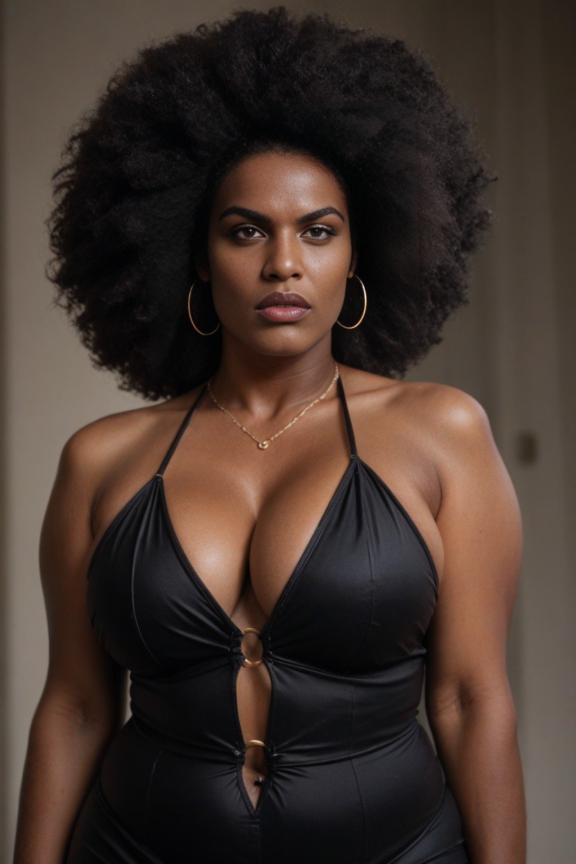 Bbw Body, Wearing Standard Clothes With Afro Big Lips Angry Facial Expression Shes Painfully Squeezing A Caucasian Mans Testicles, Dark Skinned Black Woman Pornografia gay com IA