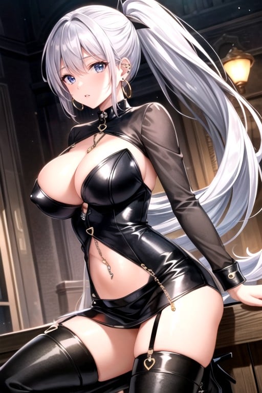 Open Heart Nipple Piercings In Both Nipples, Super Length Black Leather Skirt With Cm Heels, Light Blue Long Sleeved Satin Blouse Hentai IA pornografia