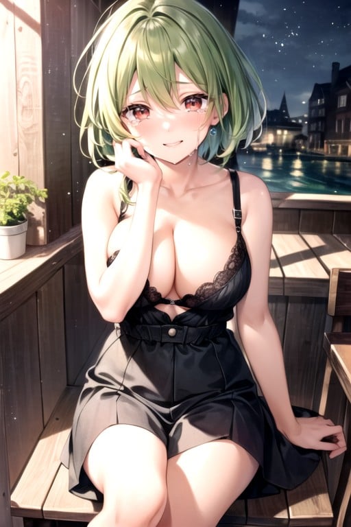 Sitting Down, Green Hair, Red Eyes Hentai AI Porn