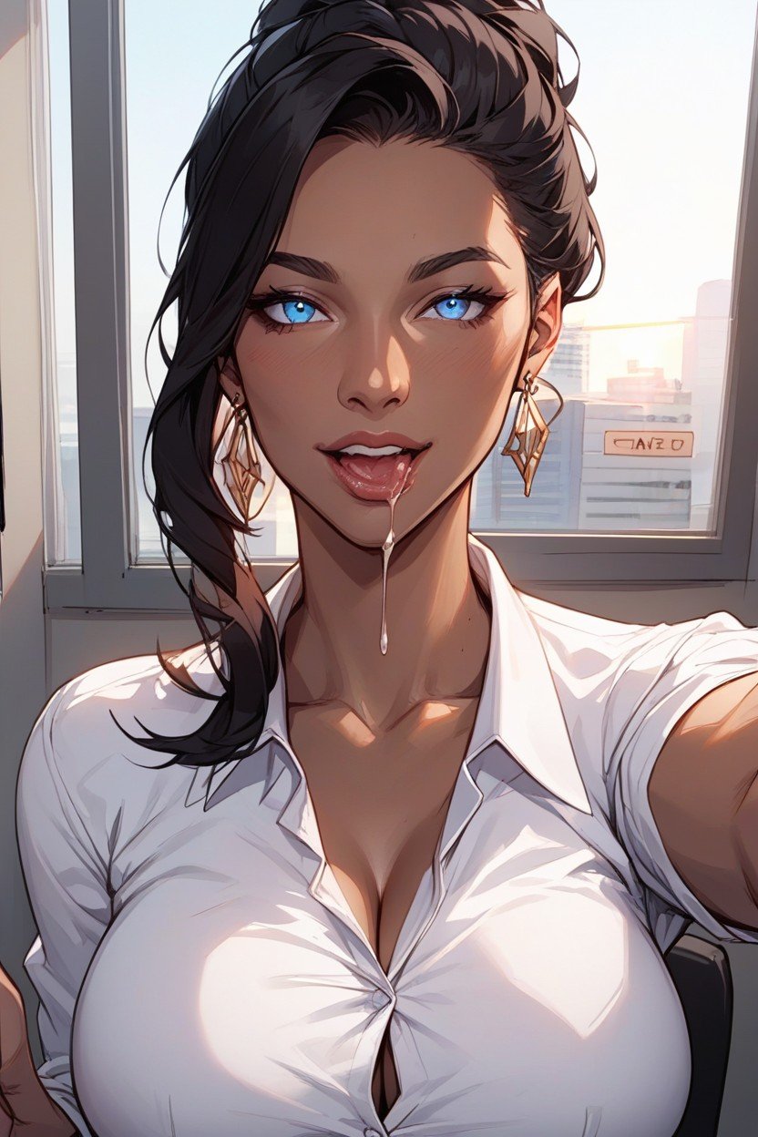 Face Squished Against Office Window, Black Hair And Striking Blue Eyes, Her Dark Brown Skin Contrasting With High Rise BackgroundPorno IA Hentai