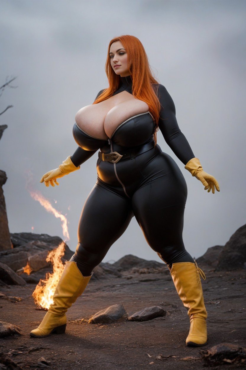 Bodysuit With Red Torso & Arms, Burning Background, Fire-shaped Emblem On Her Chest Shemale AI Porn