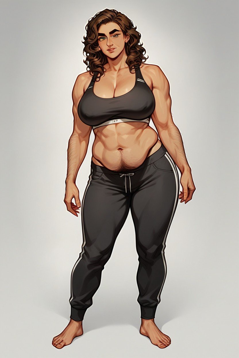 Dark Brown Curly Hair, Wearing Black Sports Bra And Loose Joggers, Hairy BellyHentai IA