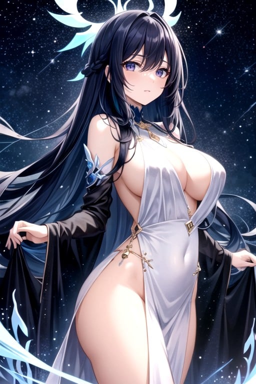 A Celestial Female Figure Stands Before You, As Though Touched By The Light Of Distant Stars, Radiating An Aura Of Calm And Otherworldly Grace Her Dark Midnight Blue Hair ファーリーAIポルノ