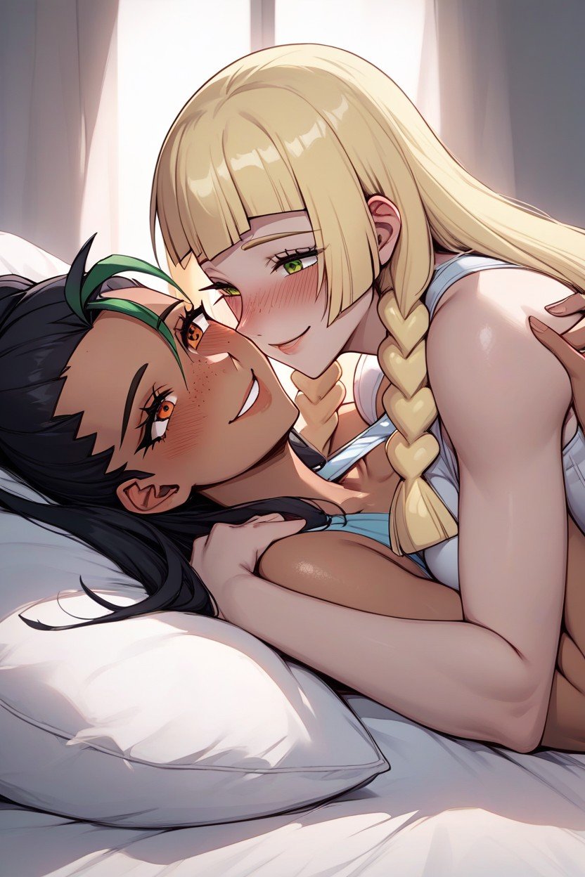 Nemona Straddiling Lillie, Black Hair, Orange Eyes Hentai AI Porn