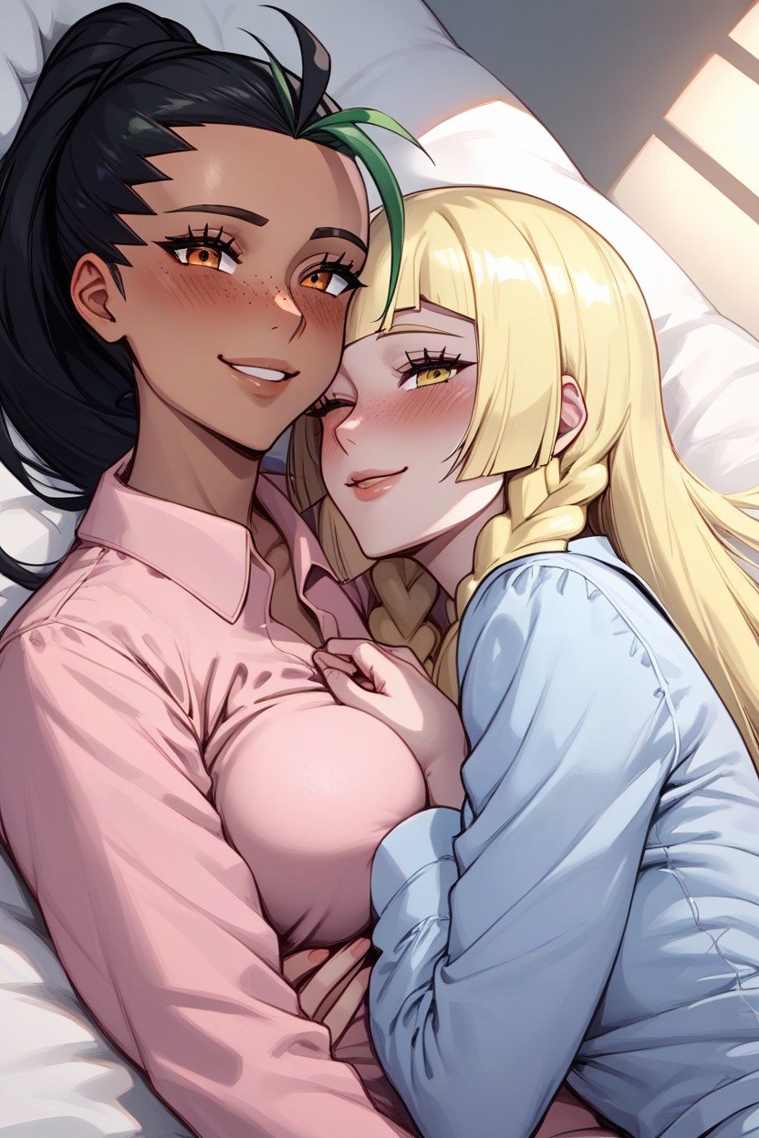 Blonde Hair, Touching Face, Lillie Hentai AI Porn