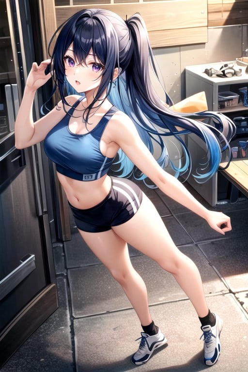 Full Body, Dark Blue Hair, 青い髪ニューハーフAIポルノ