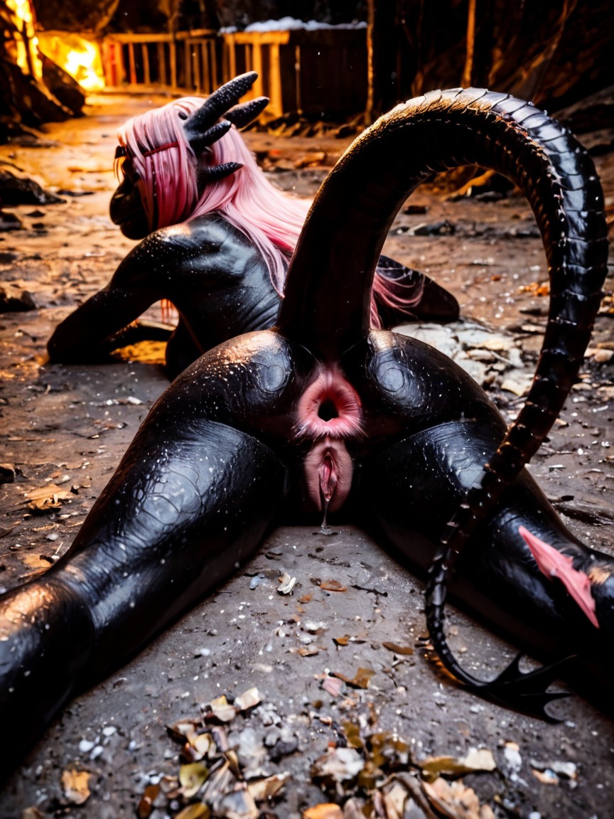 Skinny, Pigment Around Anus Bright Flesh Pastel Pink Color, Black Scaly Talons AI Porn