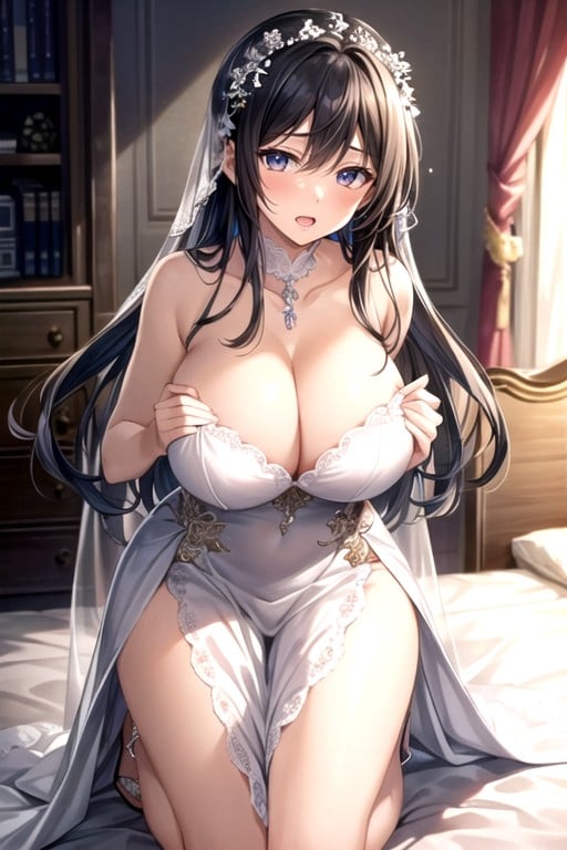 Kneeling On The Bed, Wedding Dress, Female Looking At The CameraPorno IA Hentai