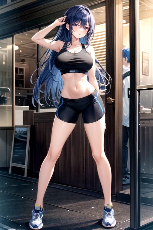 Sporty Shorts, Soft Violet Eyes, Dark Blue Hair Hentai AI Porn