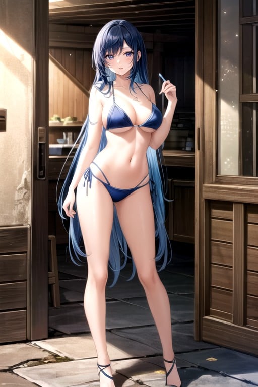 Full Body, Dark Blue Hair, Bikini Hentai IA pornografia