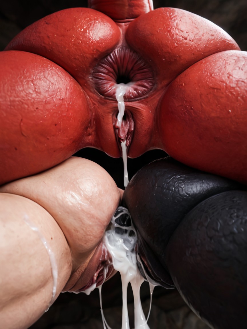 Extreme Detail, Ass Skin Pulling Rough, Pushing Giant Black Barbed Huge Ovipositor Into Anus AI Porn