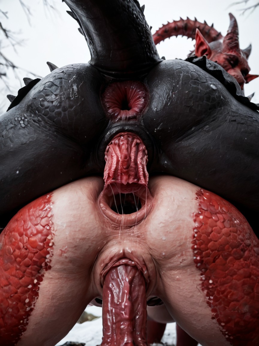 Front View, Scaly Demon Black And Red Skin, Bright White Pink Skin Around Anus AI Porn