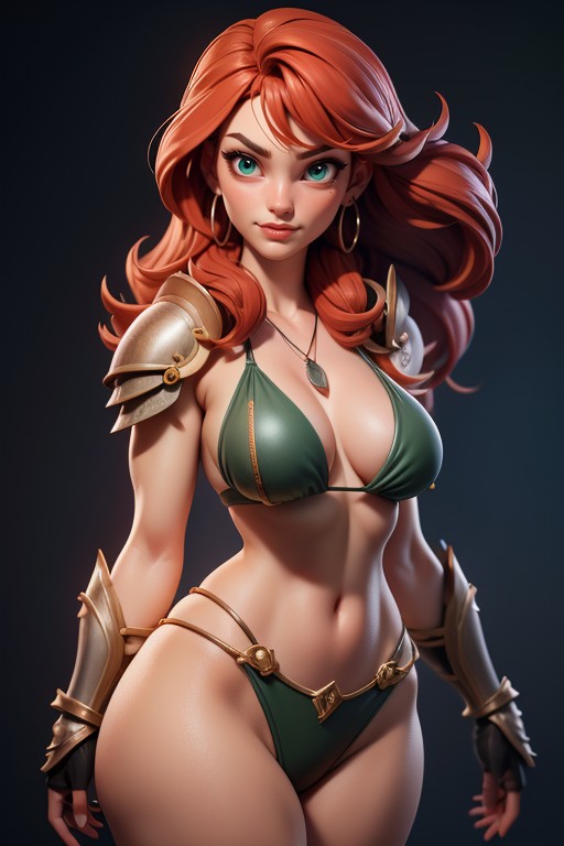 Crimson Red Hair, Gem Necklace, Green Eyes AI Porn