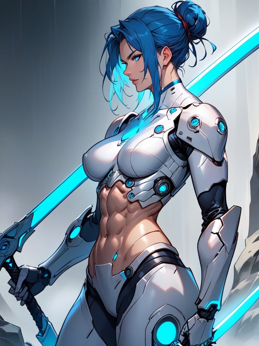 White Armor, Wielding Blue Energetic Sword, ChignonPorno IA Hentai