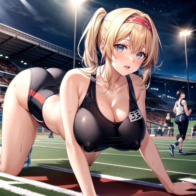 School Track And Field Background At Night, Pigtails, Bob Platinum Blonde HairAI黄漫