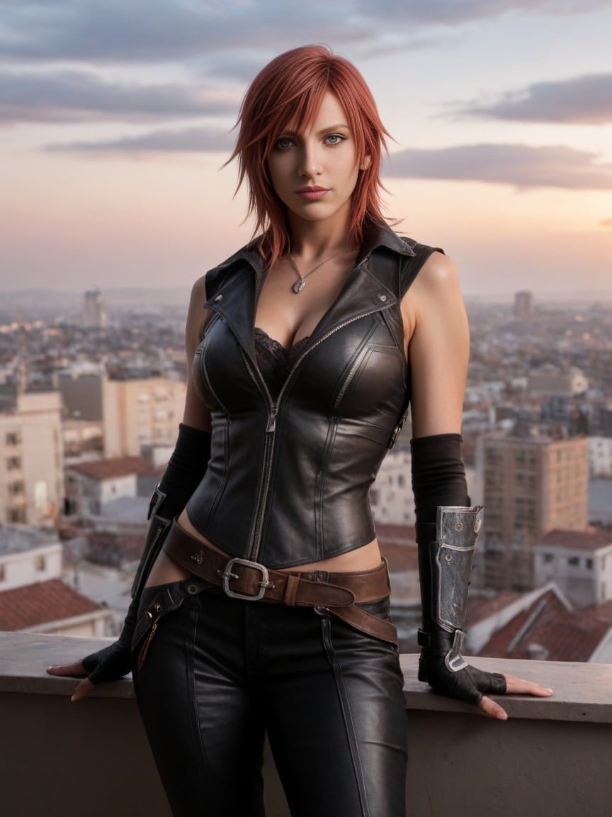 On A Rooftop, Serah Farron From Final Fantasy Xiii, Hyper Realistic FacePorno IA transsexuelle