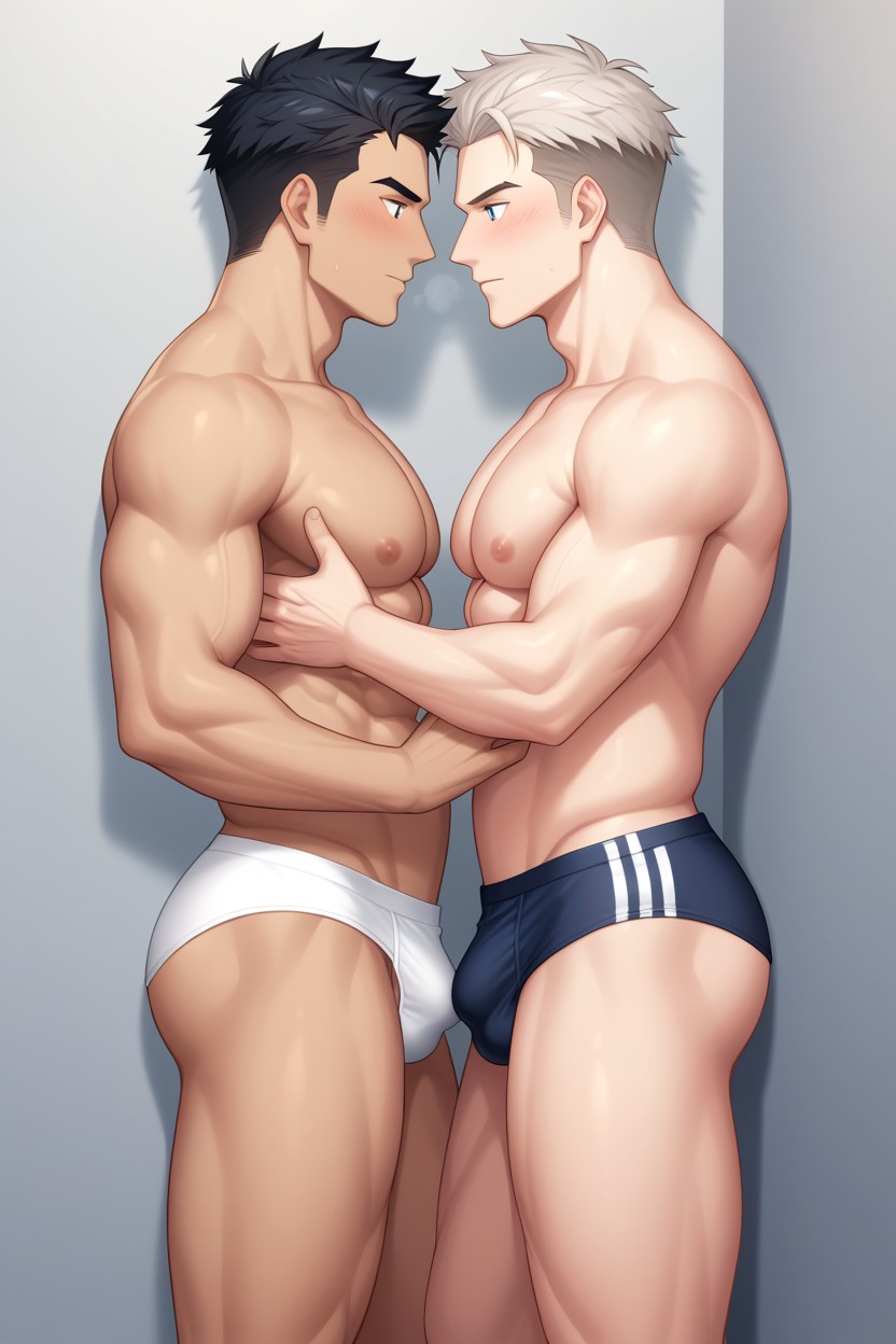 Pressing Their Big Pecs, They Are Positioned In A Close Embrace, The Man On The Right 게이 AI 포르노