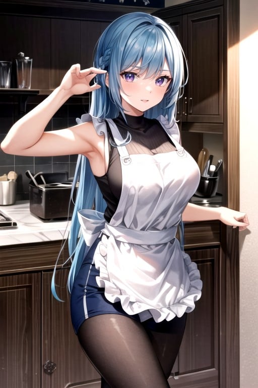 Midnight Blue Hair, Apron, Long Length Hentai AI Porn