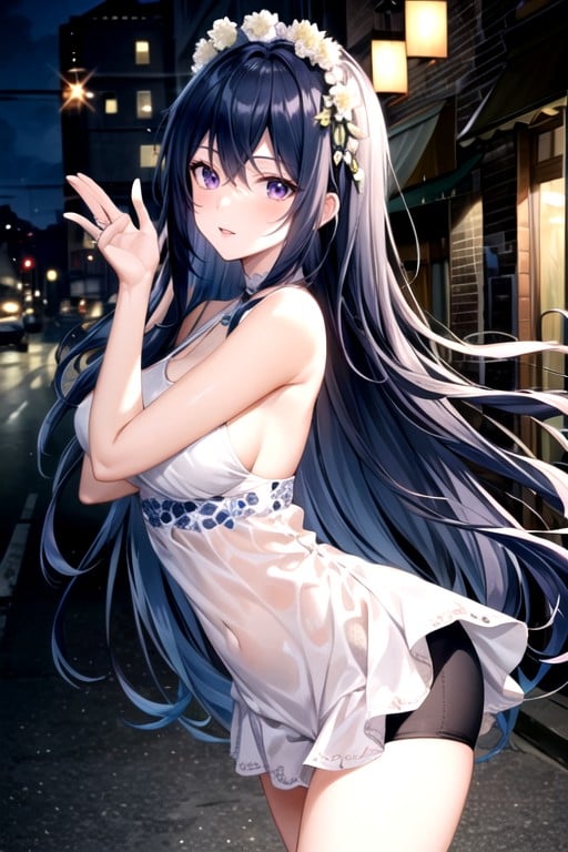 Dark Blue Hair, Soft Violet Eyes, Shorts DeportivosHentai IA