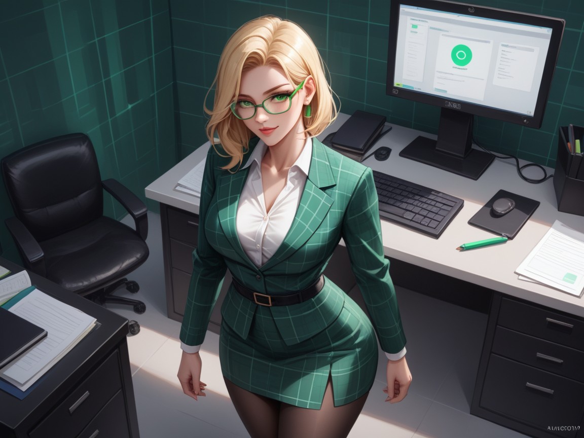 Green Glasses, Asymmetrical Breasts, Plaid Office Accesories Hentai AI Porn