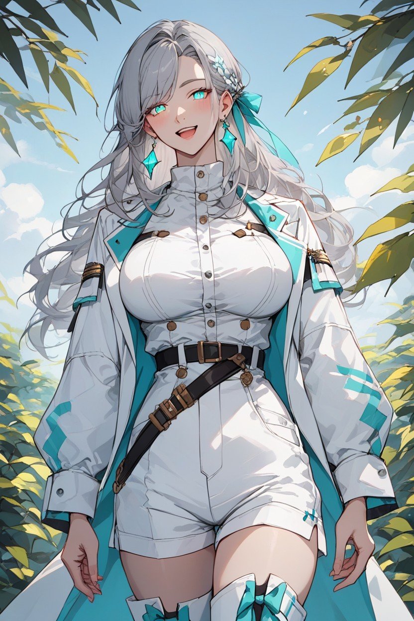 Mint And White Striped Thigh High Stockings, Military Like Design, Big Breast Hentai AI Porn