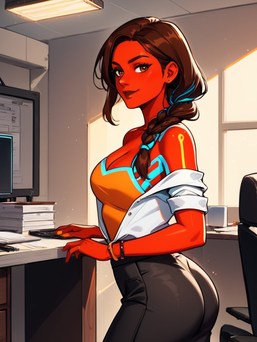 High Color Contrast, Orange Tribal Body Paint, Black Braided Ponytail Latina AI Porn