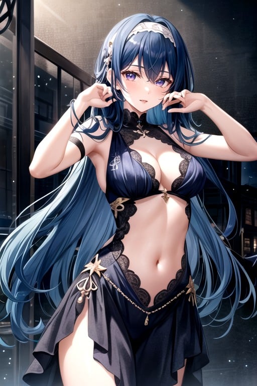 Soft Violet Eyes, Midnight Blue Hair, シーケンスドレスヘンタイAIポルノ