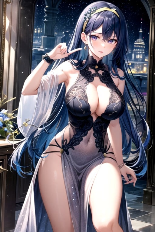 Modelo, Vestido De Lantejoulas, Dark Blue Hair Hentai IA pornografia