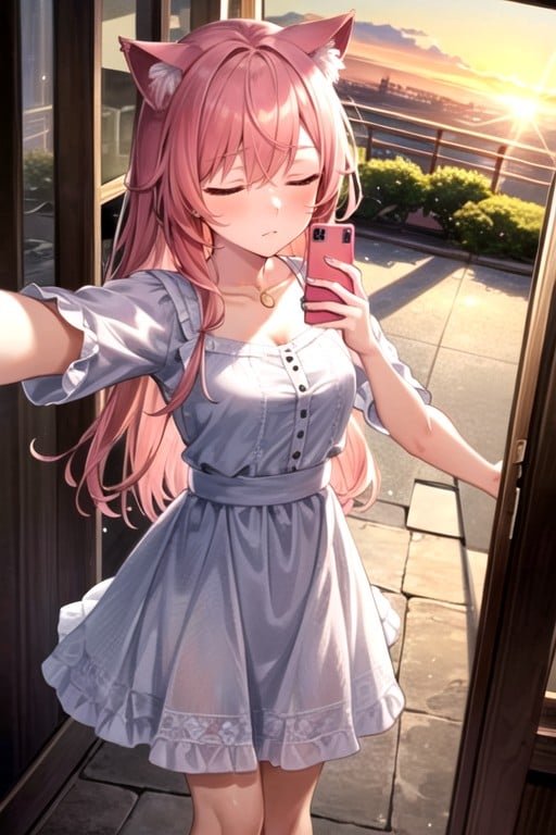 Selfie, Coucher De Soleil, Cheveux RosesPorno IA Hentai