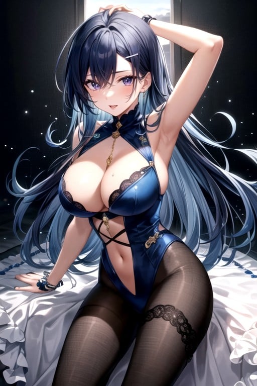 Long Length, Hair Clip, Midnight Blue Hair Shemale AI Porn