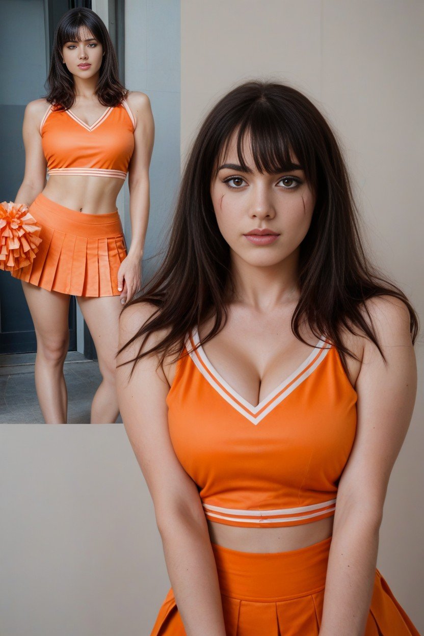 Haircuts With Bangs Multiple Views Views View Fully Dressed View Without Top View Without Skirt View Naked, Orange Cheerleader Outfit, Dark Haired Furry AI Porn